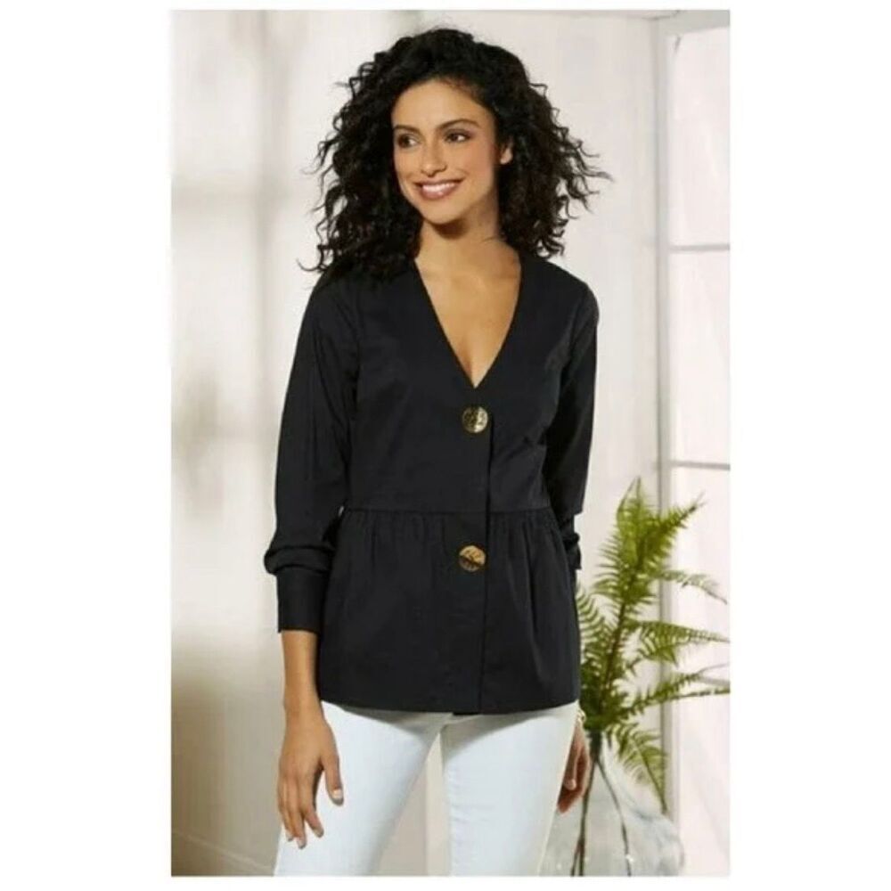 Soft Surroundings Black Gold Button Deep V Peplum Top sz 3X EUC